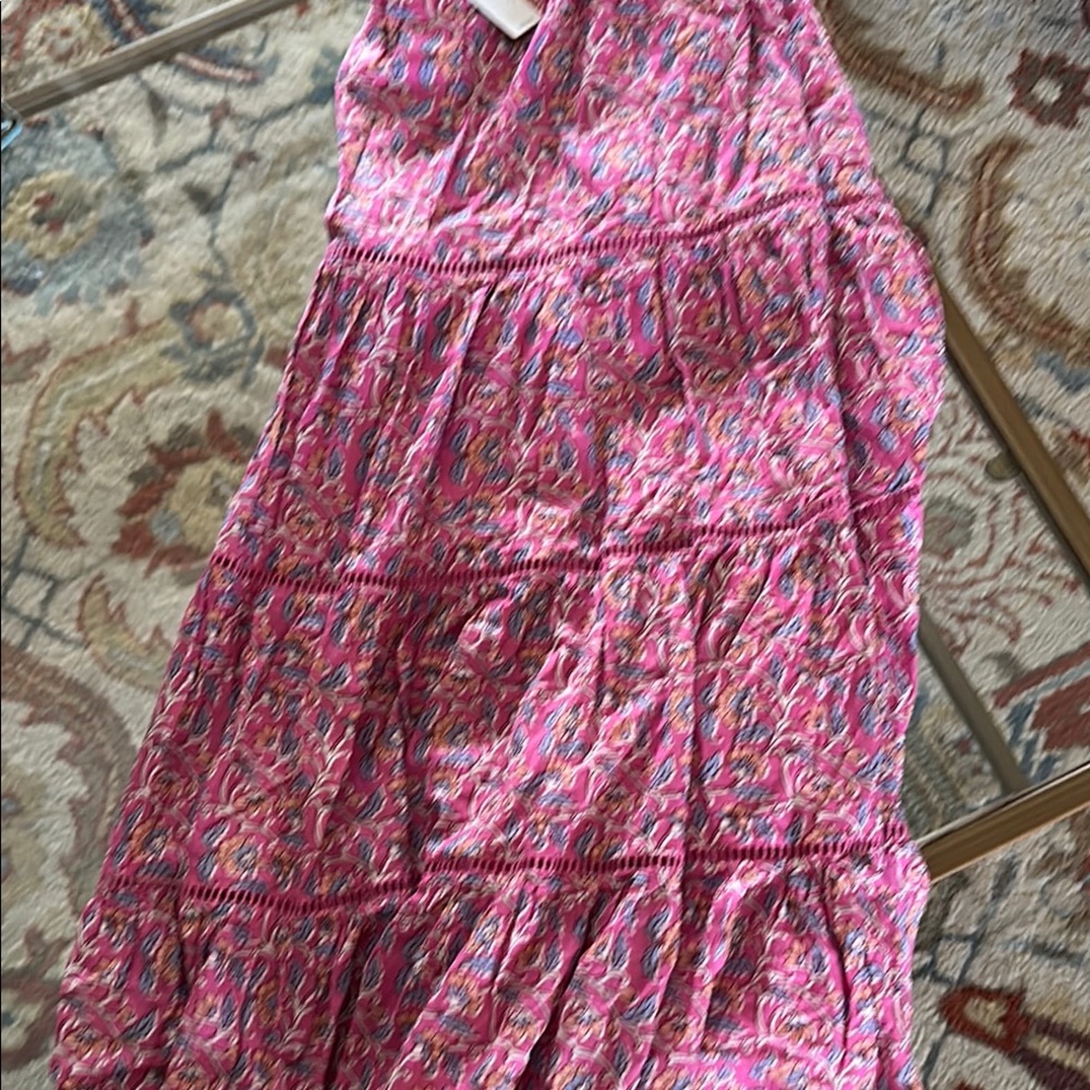 J. Crew Bubble Tiered Maxi Skirt in Pink and White has pockets